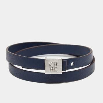 Pre Owned Carolina Herrera Blue Double Wrap Leather Silver Tone Bracelet
