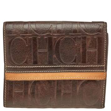 Pre Owned Carolina Herrera Brown Monogram Embossed Leather Trifold Wallet