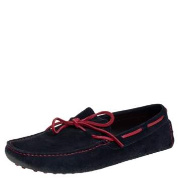 Pre Owned CH Carolina Herrera Blue/Red Leather And Suede Slip On Loafers Size 41.5