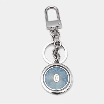 Pre Owned Cartier Double C de Cartier Logo Blue Lacquer Palladium Plated Steel Key Ring