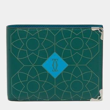 Pre Owned محفظة كارتتييه ماست دو كارتتييه جلد محفور أخضر/أزرق طيه مزدوجة