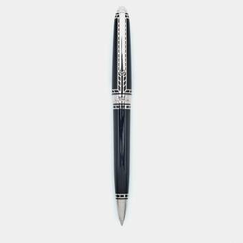 Pre Owned Cartier Limited Edition Railroad Decor Black Enamel Silver Tone Ball Point Pen