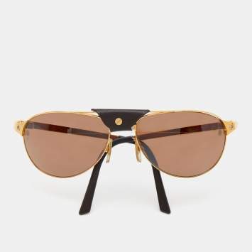 Pre Owned Cartier Edition Santos-Dumont Gold Tone/Brown 5044394 Leather Detail Aviator Sunglasses