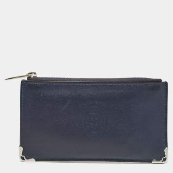 Pre Owned Cartier Navy Blue Leather Must de Cartier Zip Card Holder