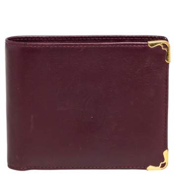 Pre Owned Cartier Maroon Leather Must De Cartier 6CC Bifold Wallet