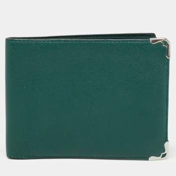 Pre Owned Cartier Green Leather Must De Cartier 6CC Bifold Wallet