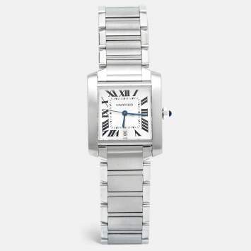 Pre Owned Cartier Opaline White Stainless Steel Tank Francaise W51002Q3 Unisex Wristwatch 28 mm