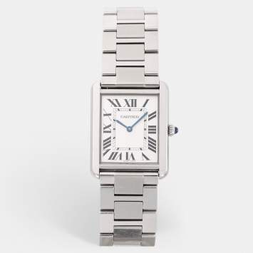 Pre Owned Cartier Silver Stainless Steel Tank Solo W5200014 Unisex Wristwatch 28 mm