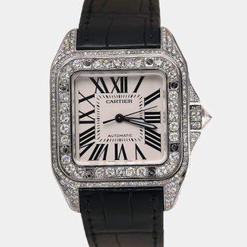 Cartier Customised Silver 15.00CT Diamond Stainless Steel Santos 100 W20073X8 Automatic Men's Wristwatch 41 MM