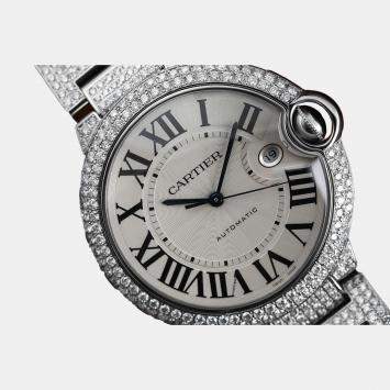 Cartier Customised Blue Diamond Stainless Steel Ballon Bleu Automatic Men's Wristwatch 42 mm