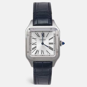 Pre Owned Cartier Silver Stainless Steel Alligator Leather Santos-Dumont WSSA0022 Women's Wriswatch 31.40 mm
