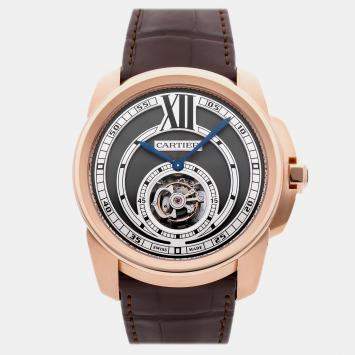Pre Owned Cartier Calibre De Cartier Flying Tourbillon W7100002 Manual Winding 18KT Rose Gold Silver Dial Men's Wristwatch 45mm