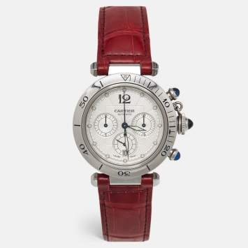 Pre Owned Cartier Silver Stainless Steel Leather Pasha de Cartier  2113 Men's Wristwatch 38 mm 