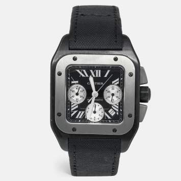 Pre Owned Cartier Black Titanium Stainless Steel Calf Leather Santos 100 XL W2020005 Men's Wristwatch 41 mm 