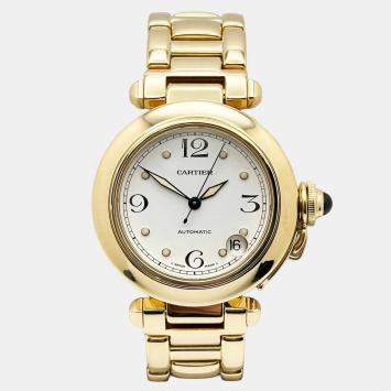 Pre Owned Cartier Pasha C 1035 Automatic White 18k Yellow Gold Men's Wristwatch 35 mm