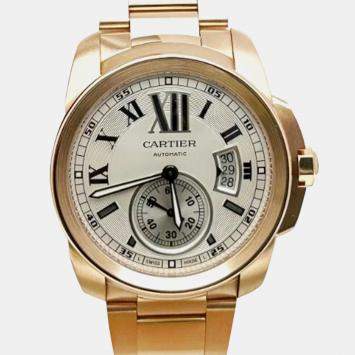 Pre Owned Cartier Calibre W7100018 Automatic Silver 18K Rose Gold Men's Wristwatch 42 mm