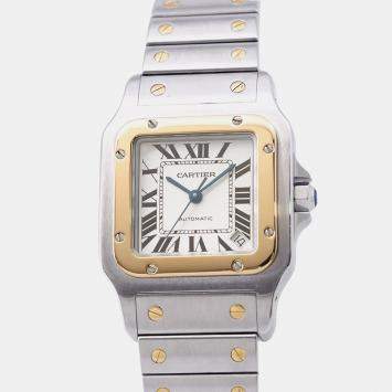 Pre Owned Cartier Santos Galbee W20099C4 Automatic White 18k Yellow Gold Stainless Steel Men's Wristwatch 32 mm
