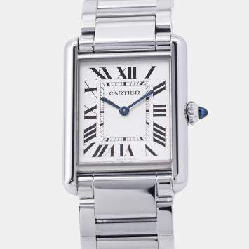 مملوكة مسبقًا Cartier Tank WSTA0052 White Stainless Silver Quartz Men Wristwatch 25mm