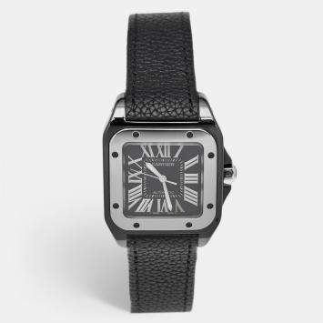 Pre Owned Cartier Black Ceramic Santos 100 Calfskin Leather 2878 Men's Wristwatch 33 mm
