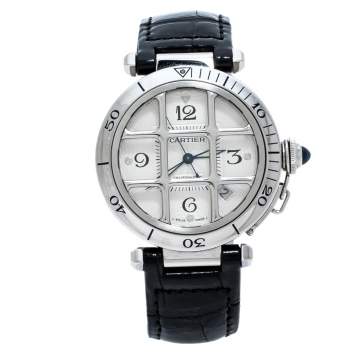 Pre Owned Cartier Silver Stainless Leather Steel Pasha de Cartier 2374 Men's Wristwatch 38 mm