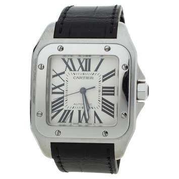 Pre Owned Cartier White Stainless Steel Alligator Leather Santos 100 W20073X8 Men's Wristwatch 38 mm