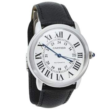 Pre Owned Cartier Silver Stainless Steel Leather Ronde Solo De Cartier 3802 Men's Wristwatch 42 mm