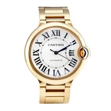 Pre Owned Cartier Silver Guilloche White 18K Yellow Gold Ballon Bleu WGBB0046 Unisex Wristwatch 36 mm