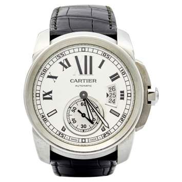 Pre Owned Cartier Silver Stainless Steel Crocodile Calibre De Cartier 3299 Men's Wristwatch 42 mm
