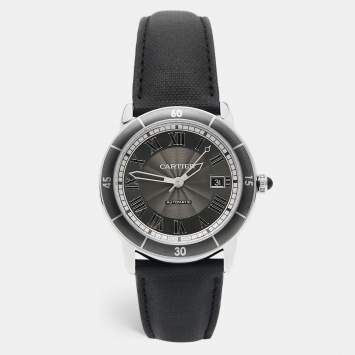 Pre Owned Cartier Grey Stainless Steel Leather Ronde Croisiere WSRN0003 Men's Wristwatch 42 mm