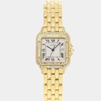Pre Owned Cartier Silver Diamonds 18K Yellow Gold Panthere Women's Wristwatch 30 mm
