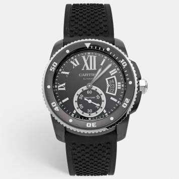 Pre Owned Cartier Black DLC Coated Stainless Steel Rubber Calibre de Cartier WSCA0006 Men's Wristwatch 42 mm