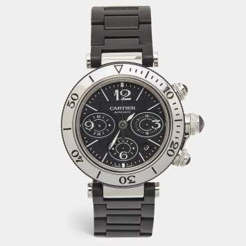 Pre Owned Cartier Black Stainless Steel Rubber Pasha Seatimer W31088U2 Men's Wristwatch 42 mm