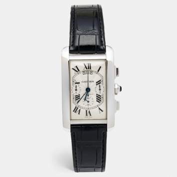 Pre Owned Cartier Silver 18k White Gold Alligator Tank Americaine W2609456 Men's Wristwatch 31.5 mm