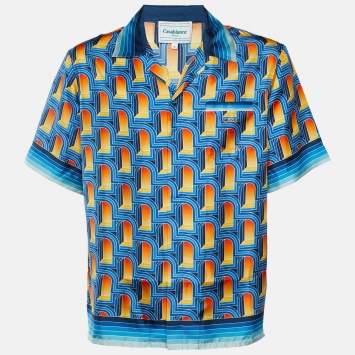 Pre Owned قميص كازابلانكا حرير مطبوع أزرق لارش دي نوي بأكمام قصيرة مقاس متوسط (ميديم)