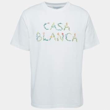 Pre Owned Casablanca White Floral Logo Print Cotton T-Shirt L