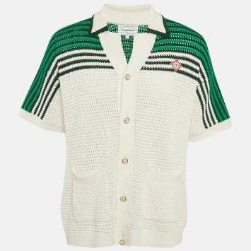 Casablanca White Striped Crochet Short Sleeve Shirt L