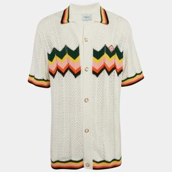 Pre Owned Casablanca White Striped Crochet Short Sleeve Shirt L