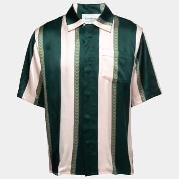 Pre Owned Casablanca Green/Light Pink Stripe Printed Silk Button Front Shirt L