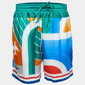 Casablanca Multicolor Logo Print Silk Drawstring Shorts L