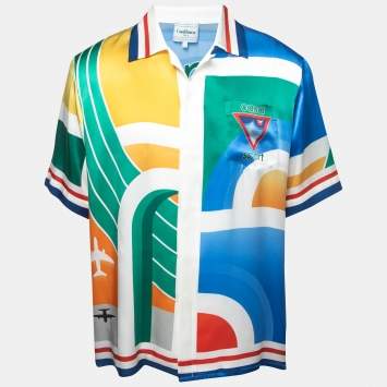 Pre Owned Casablanca Multicolor Logo Print Satin Silk Half Sleeve Shirt L