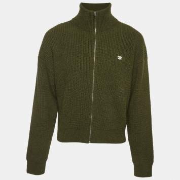 Pre Owned Celine Green Rib Knit Triomphe Trucker Sweater L