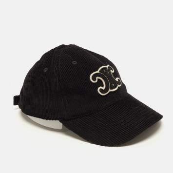 Pre Owned Celine Black Logo Applique Corduroy Triomphe Baseball Cap M