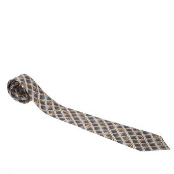 Pre Owned Celine Vintage Grey and Gold Equestrian Print Silk Tie