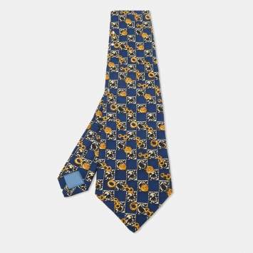 Pre Owned Celine Vintage Navy Blue Print Silk Traditional Tie