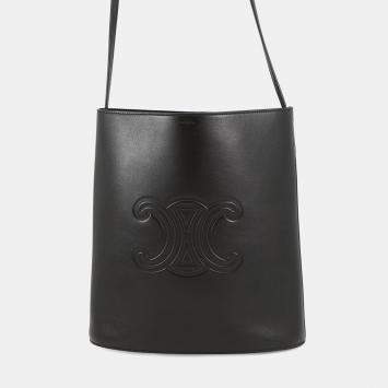 Pre Owned Celine Triomphe Bucket Bag Black Calf Leather Size Small