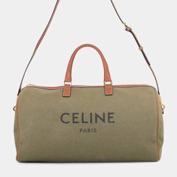 Pre Owned Celine Medium Khaki Canvas Leather Travel Bag