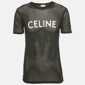 Pre Owned Celine Black Logo Print Mesh Sheer T-Shirt L