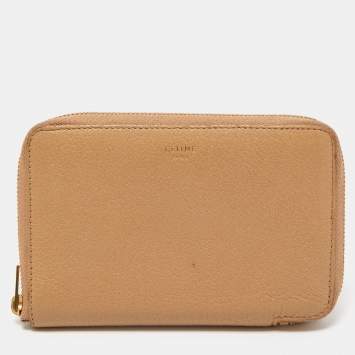 Pre Owned Celine Beige Leather Medium Zipped Around Wallet