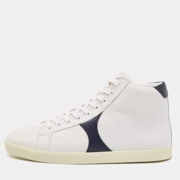 Pre Owned Celine White/Navy Blue Leather High Top Sneakers Size 44
