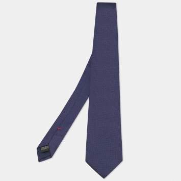 Pre Owned CH Carolina Herrera Navy Blue Logo Jacquard Silk Tie